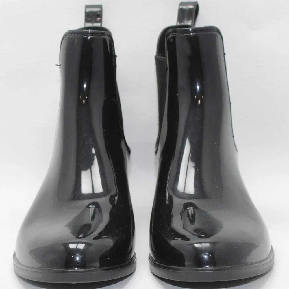 Womens Black Glossy Chelsea Rain Boots Ankle Waterproof Size‎ 38 Elastic Gore